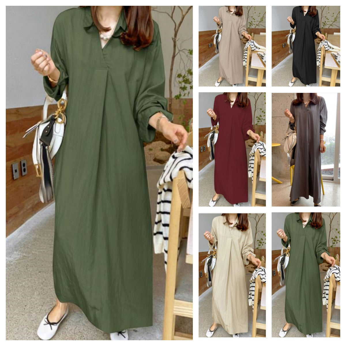 New Solid-color Turn-down CollarCotton-linen Long-sleeve