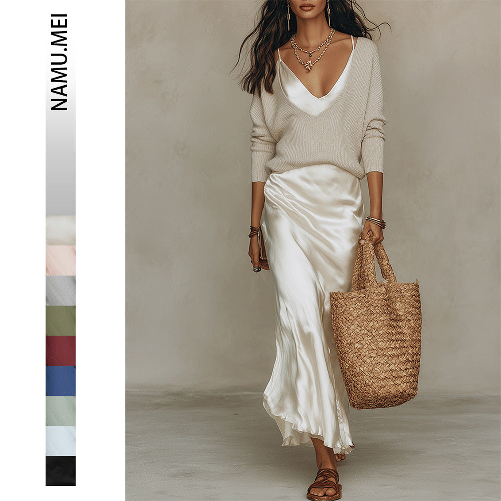 Womens Solid-Color V-Neck Knitted Sweater And Satin Dress Set