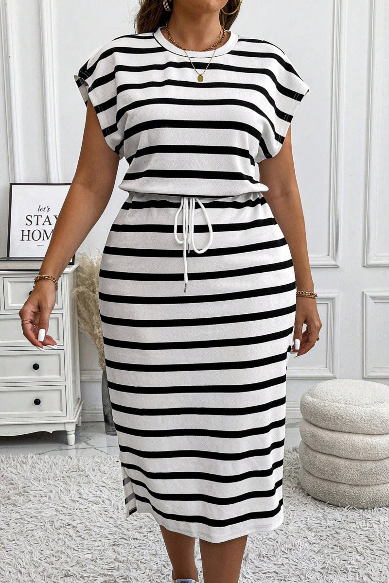Round Neck Printed Drawstring Short Sleeve Dress