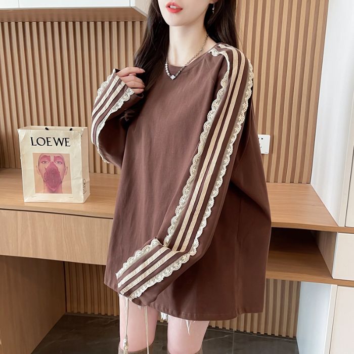Solid Color Stitching Lace Lacework Round-neck T-shirt Women's Brushed Top