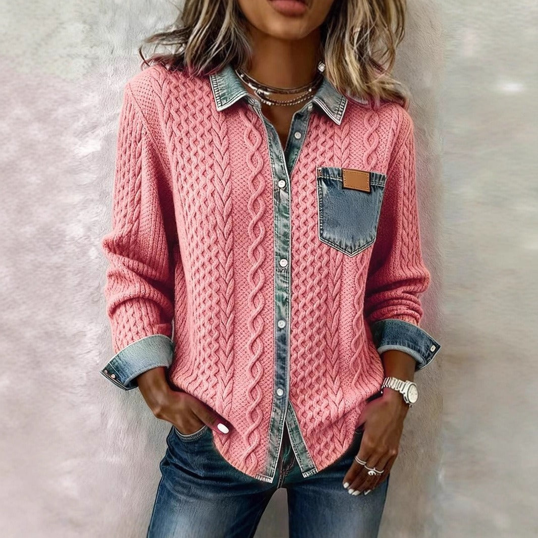 Women's Knit & Denim Patchwork Shirt | Loose Fit Casual Top