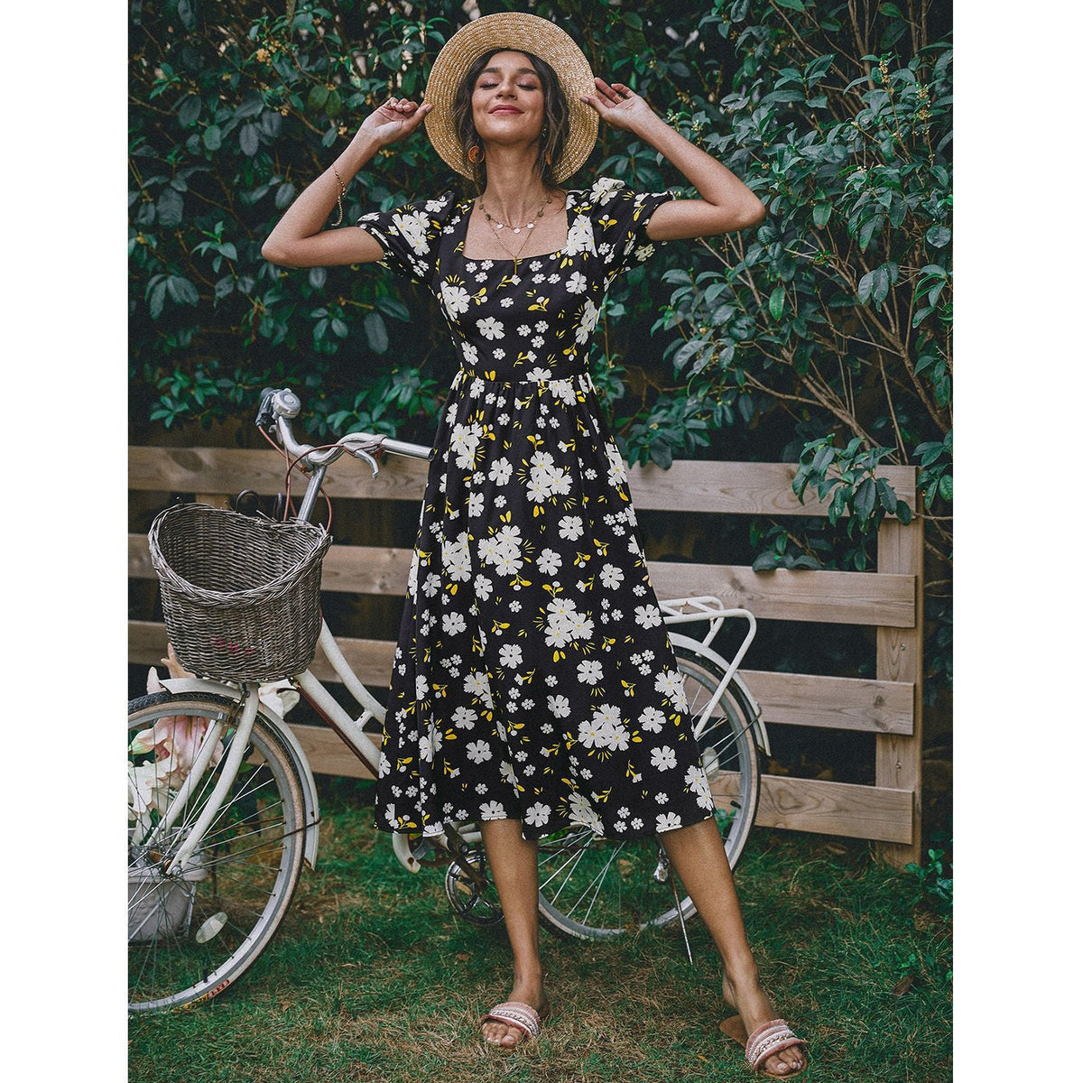 Square Neck Skirt Fashion Print Backless Dress