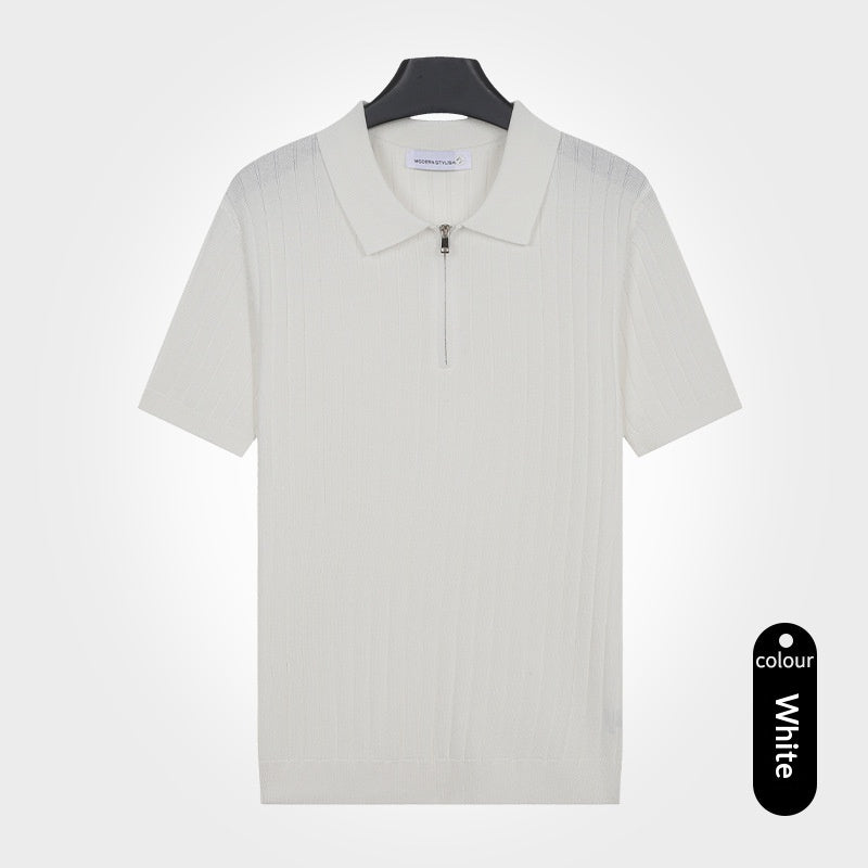 Old-money-style Lapel Zip-up Short-sleeve T-shirt Knit Sweater