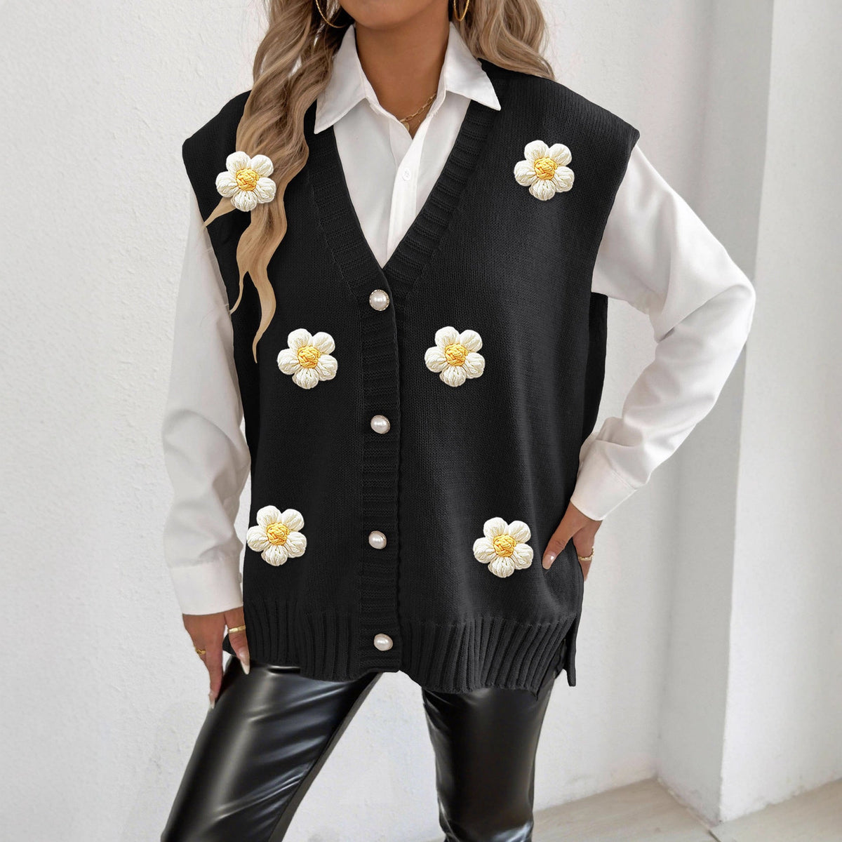 Women's Pearl Button Cardigan Crocheted Stitching Sweater Vest
