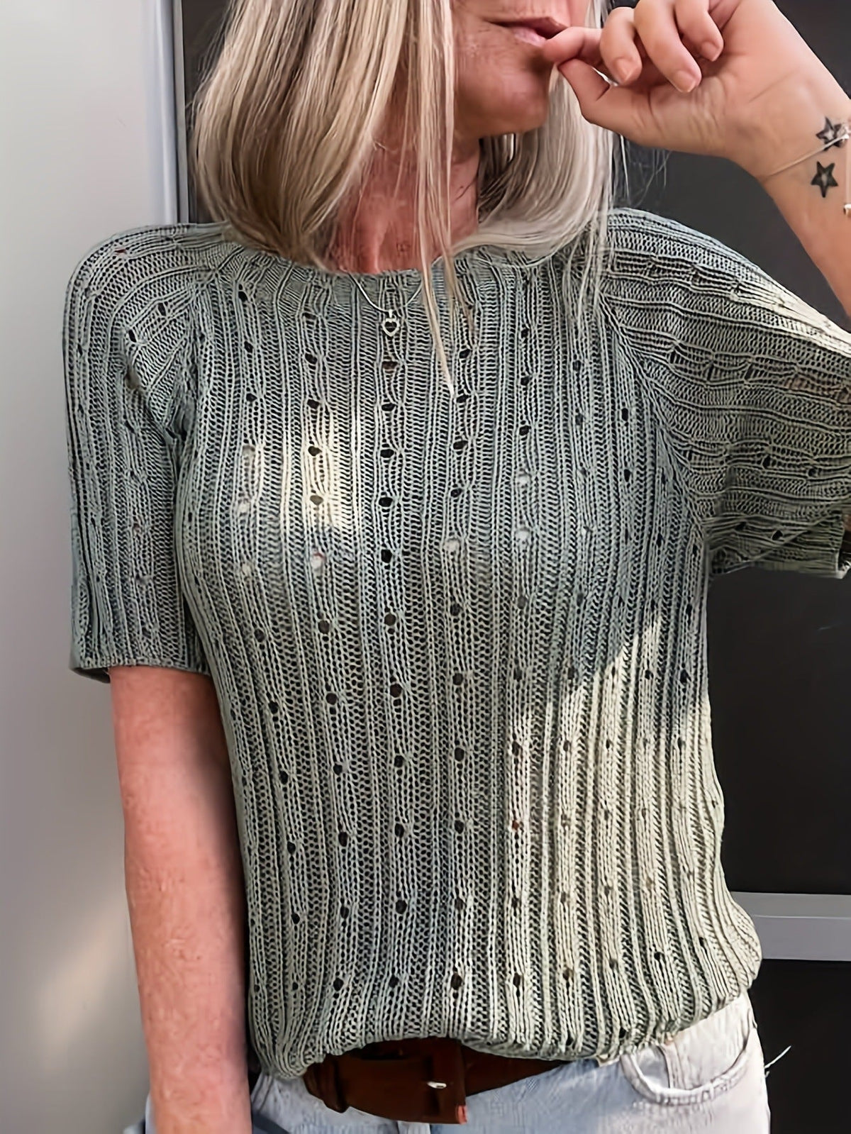 Women's Solid-color Crew-neck Hollow-out Mesh Knit Short-sleeve