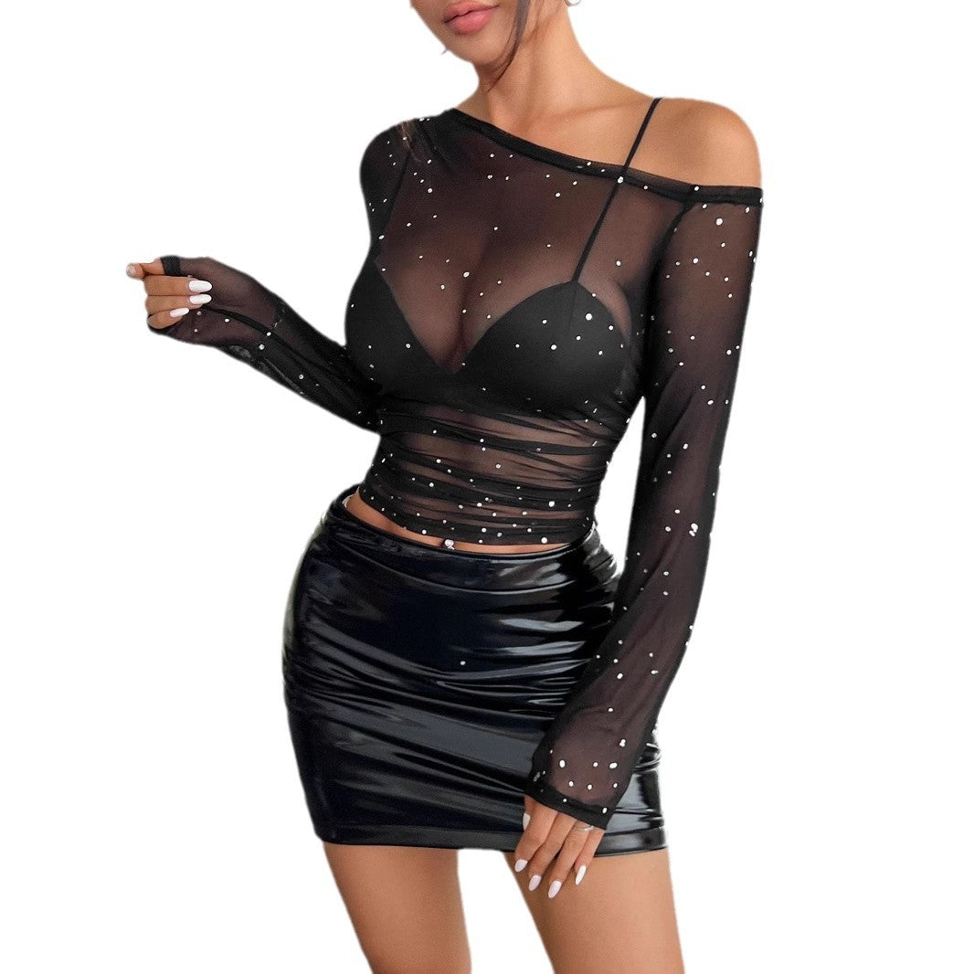 New Elegant Women's Black Sequin Mesh Asymmetrical-neck Long-sleeve Top