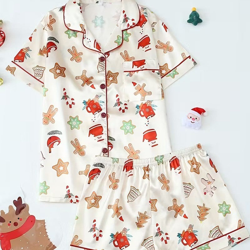 Cute Cartoon Pajama Set With A Turn-down Collar Short Sleeves