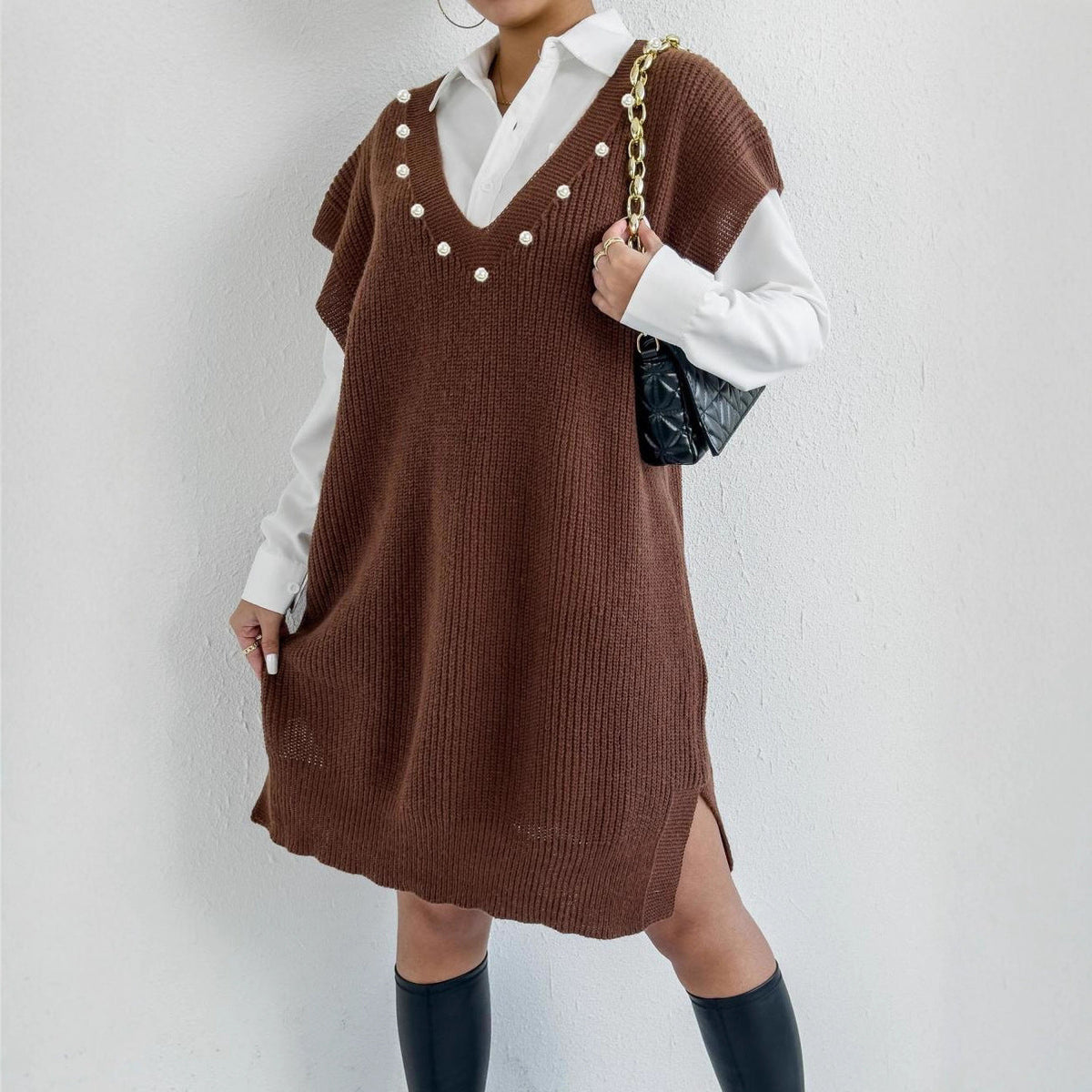 Preppy Style Casual Vest Dress V-neck Beaded Loose