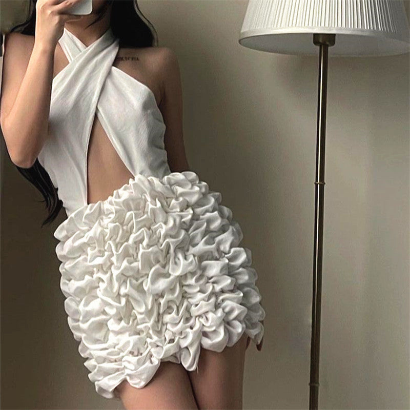 Fashion Cross Neck Backless Pleated Flower Dress