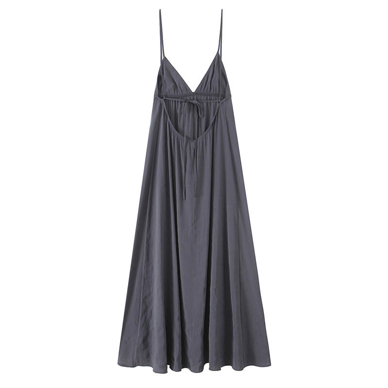 V-neck Sleeveless Backless Sling Drape Midi Skirt Dress