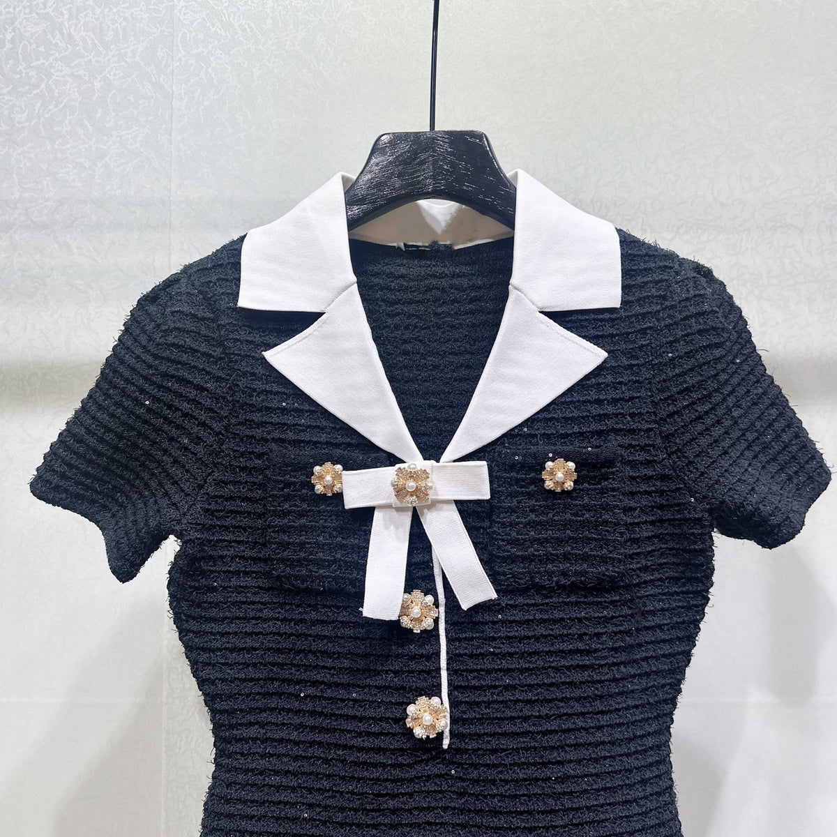 Black And White V-neck Patchwork Diamond Decorations Button Bow Knitted Sheath Dress