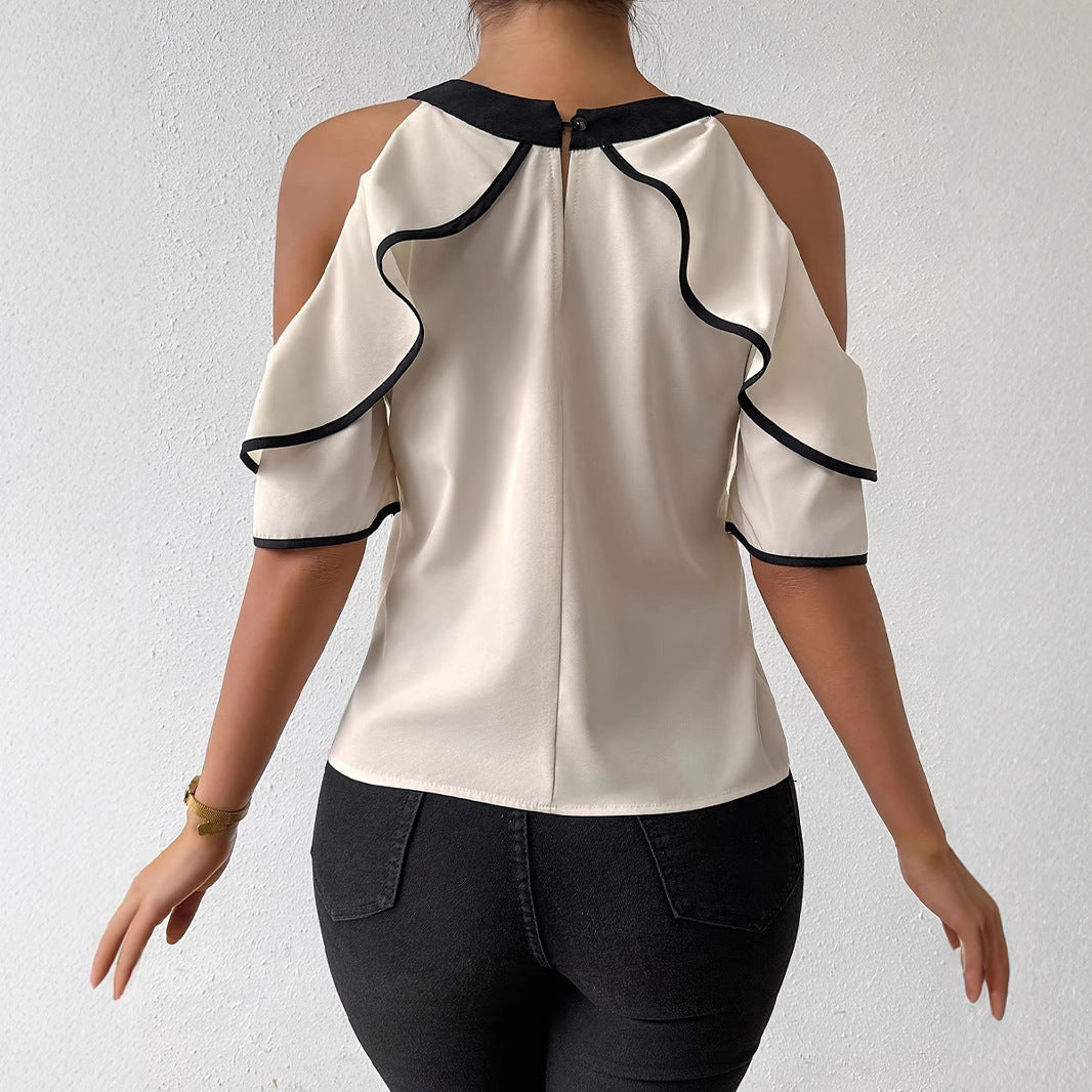 Elegant Double-layer Short-sleeve Shirt With A Bow-tie Neckline