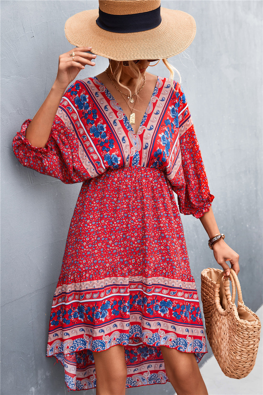 Bohemian V-neck Positioning Flower Irregular Backless Dress