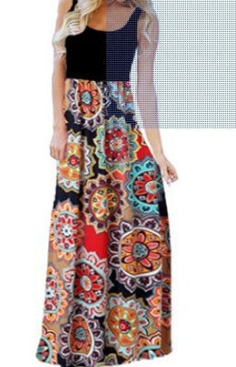 11 Color Sexy Sleeveless Round Neck Printed Patchwork Dress For Women
