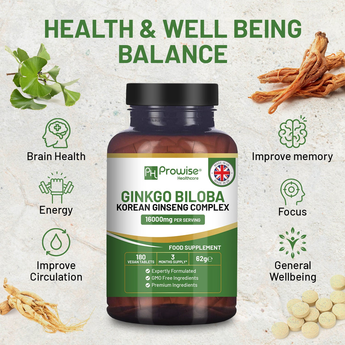 Ginkgo Biloba and Korean Ginseng Tablets 16000mg 180 Vegan Tablets by Prowise