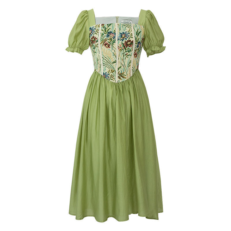 Square Neck Vintage Oil Painting Sense Patchwork Dress
