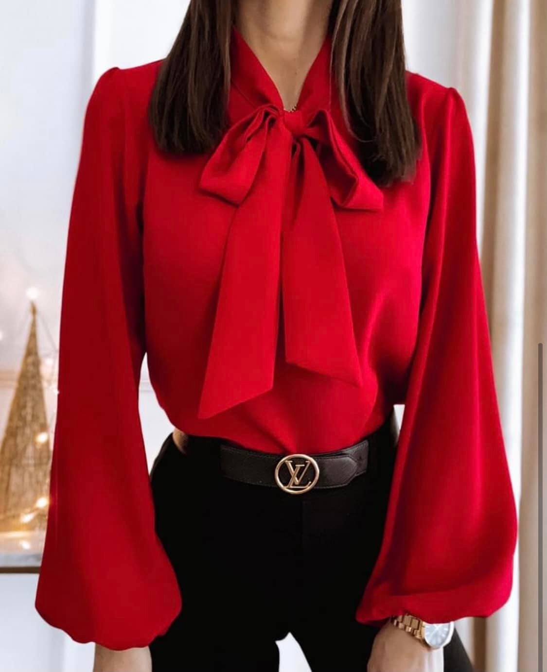 Bowknot Long Sleeve Shirt Collared Women's  Solid Color Professional Business Blouse For Work Office Wear