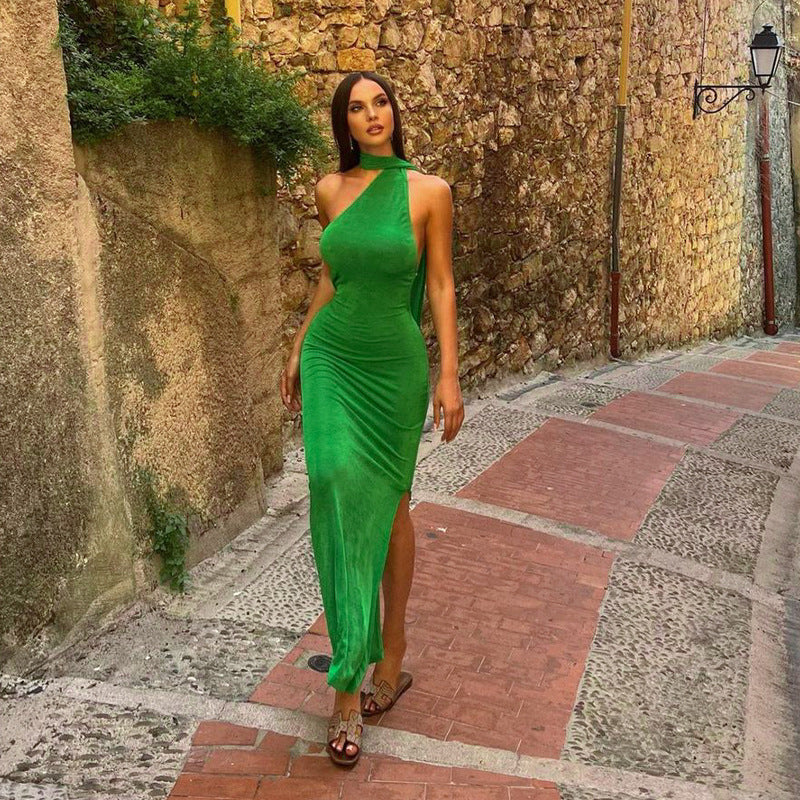 Solid Color Lace Up Neck   Backless Slim Fit Dress