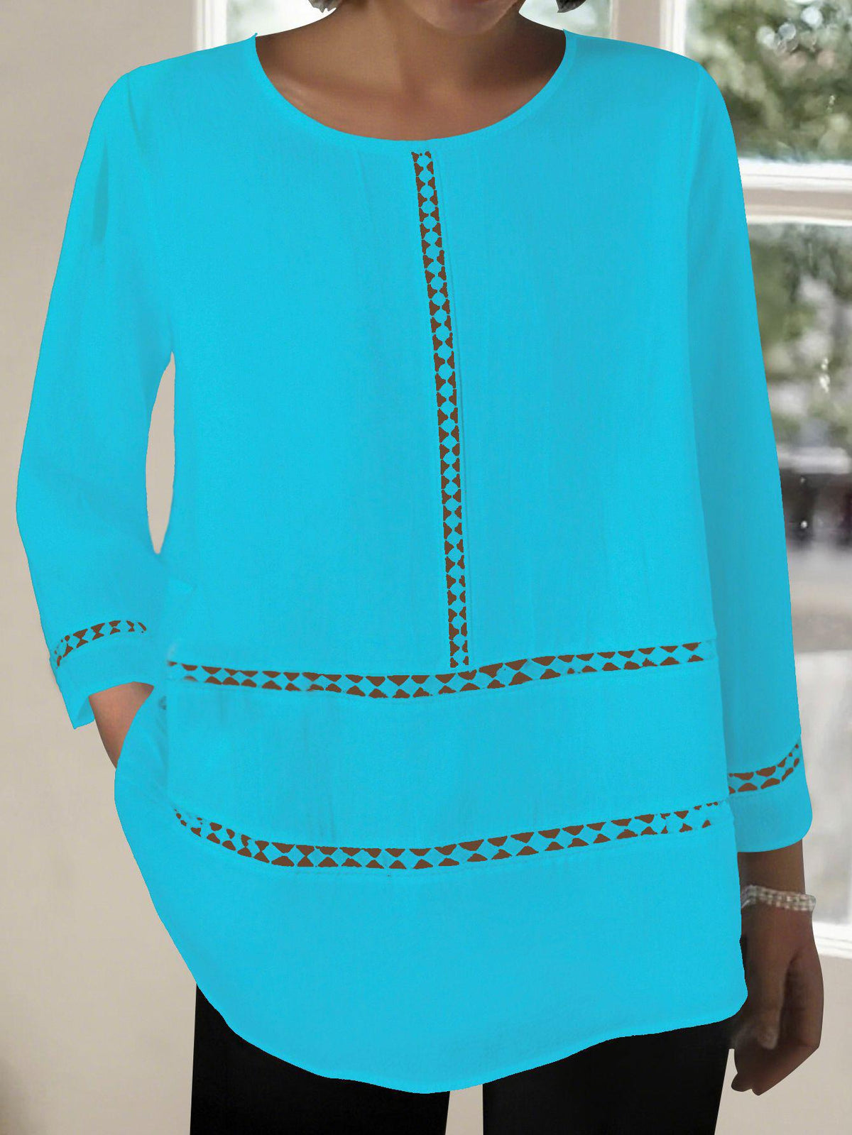 Versatile Women's Round-neck Semi-sheer Hollow-out Long-sleeve Shirt