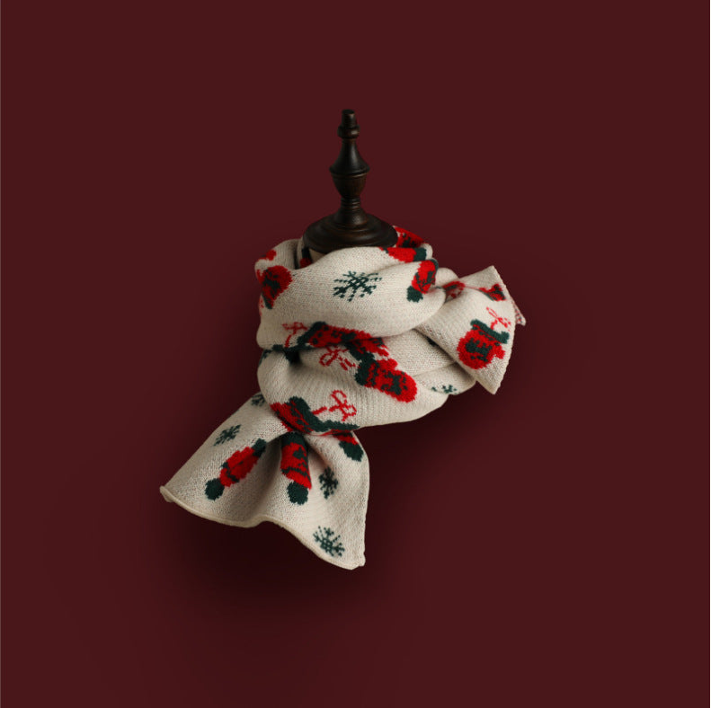 Red Knitted Scarf With Elk Print And Snowflake Pattern Designed For Warmth