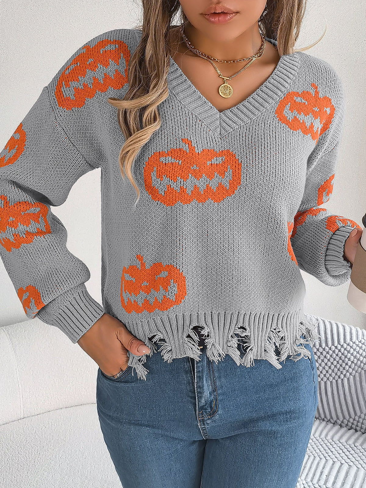 Women Color Block Pumpkin Distressed Long Sleeve Pullover Sweater