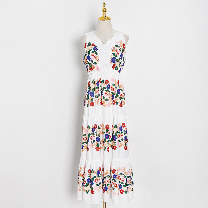 European And American Printed Ruffles Dress Summer New V-neck Sleeveless Patchwork Long Dress Women