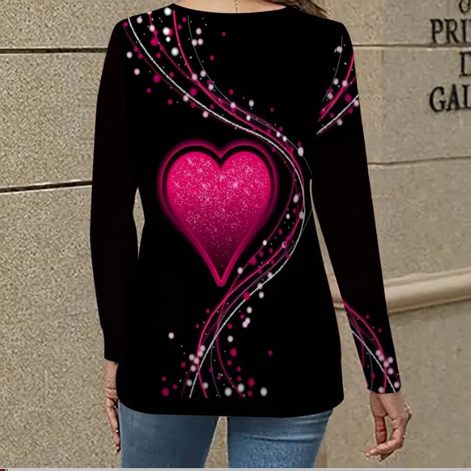 Women's Casual Long Sleeve Top With A Heart Patterned V Neck