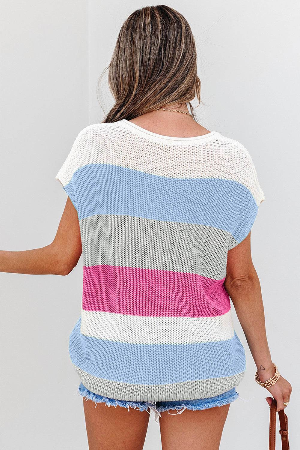 Pink Color Block Notch V Neck Sweater T Shirt