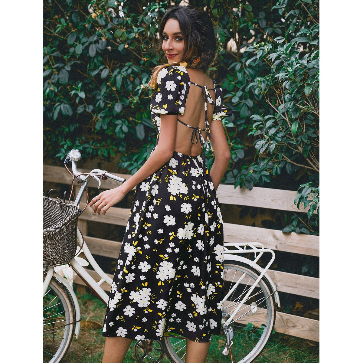 Square Neck Skirt Fashion Print Backless Dress