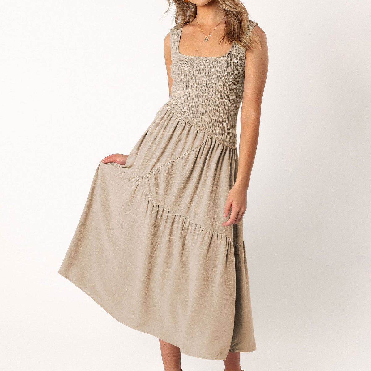 Embroidered Smocked Puff-Sleeve Maxi Dress Ivory