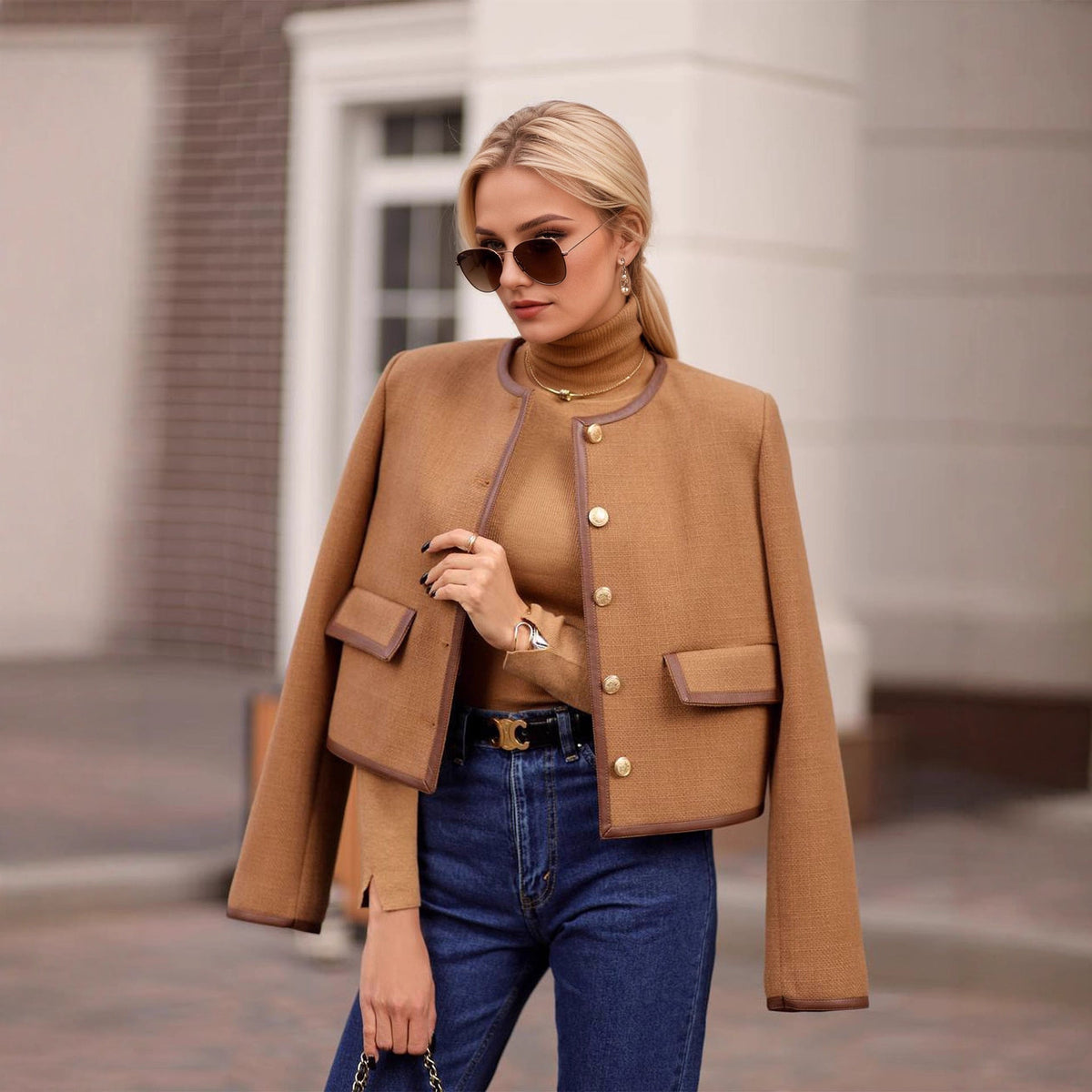 Fashion Round Neck Metal Button Design Short Coat