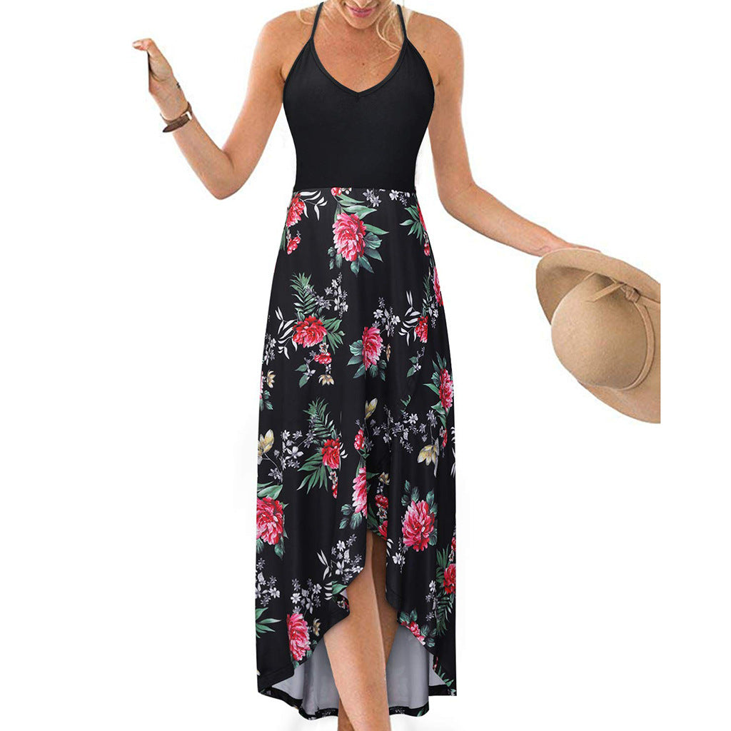 V-neck Strap Sleeveless Backless Color-matching Dress
