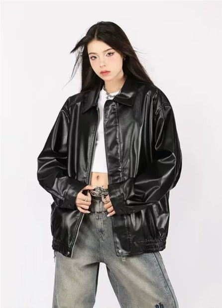 Spring And Autumn European And American Leather Jacket Locomotive Style Loose Top Coat Women