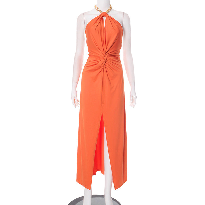 Women's Clothing Neck Hanging Chain Backless Slit Dress