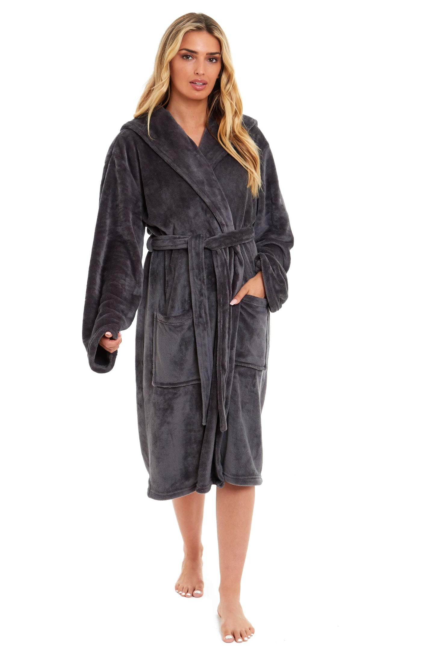 Women's Hooded Plush Fleece Dressing Gown | 100% Polyester | Ultra-Soft Velvet Bathrobe | Sizes UK 8–22