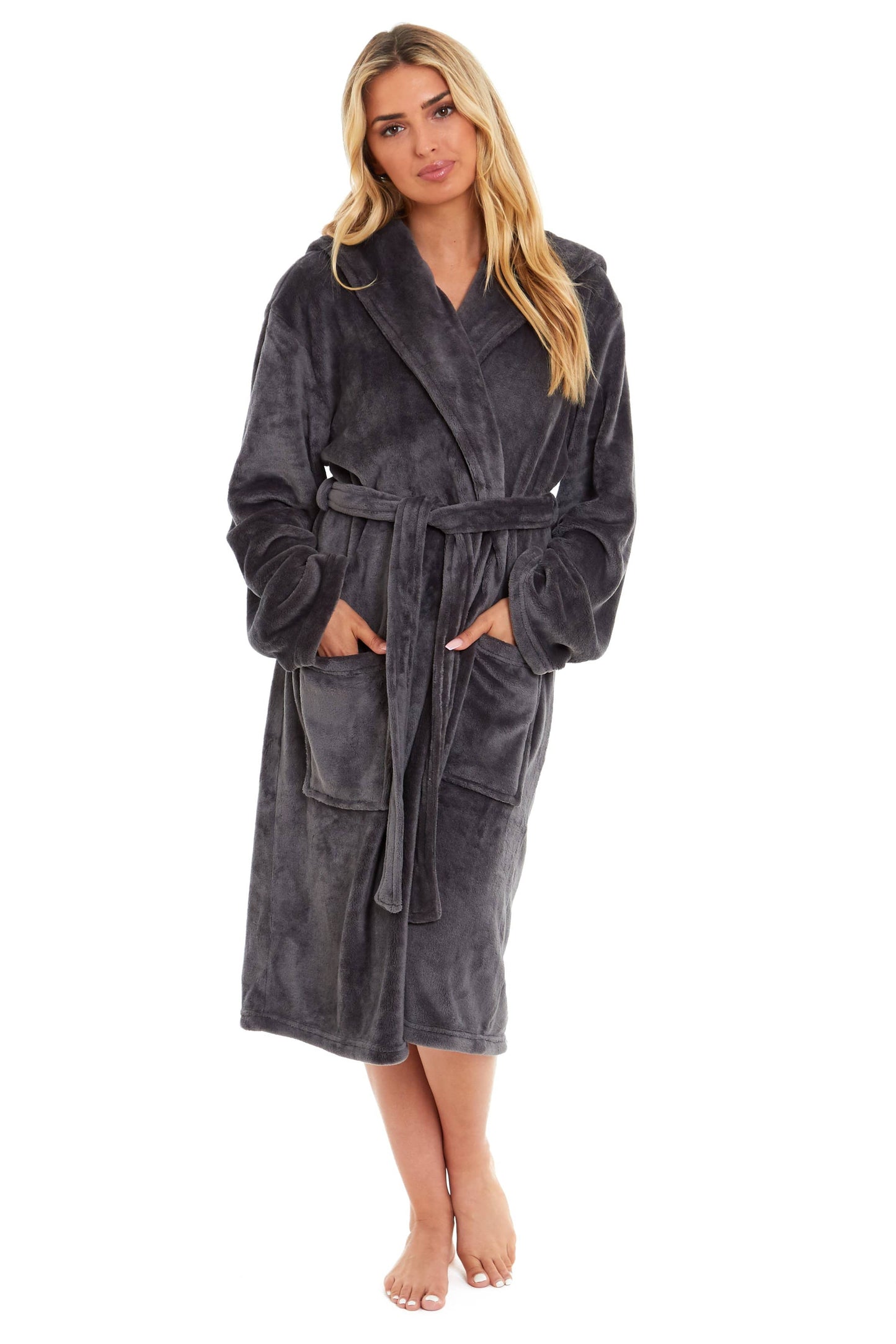 Women's Hooded Plush Fleece Dressing Gown | 100% Polyester | Ultra-Soft Velvet Bathrobe | Sizes UK 8–22