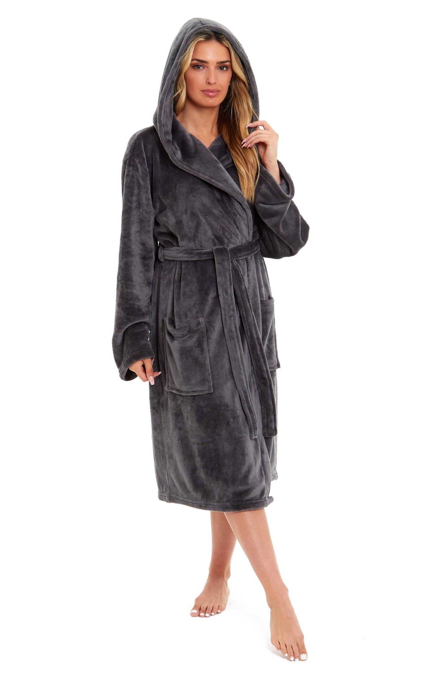 Women's Hooded Plush Fleece Dressing Gown | 100% Polyester | Ultra-Soft Velvet Bathrobe | Sizes UK 8–22