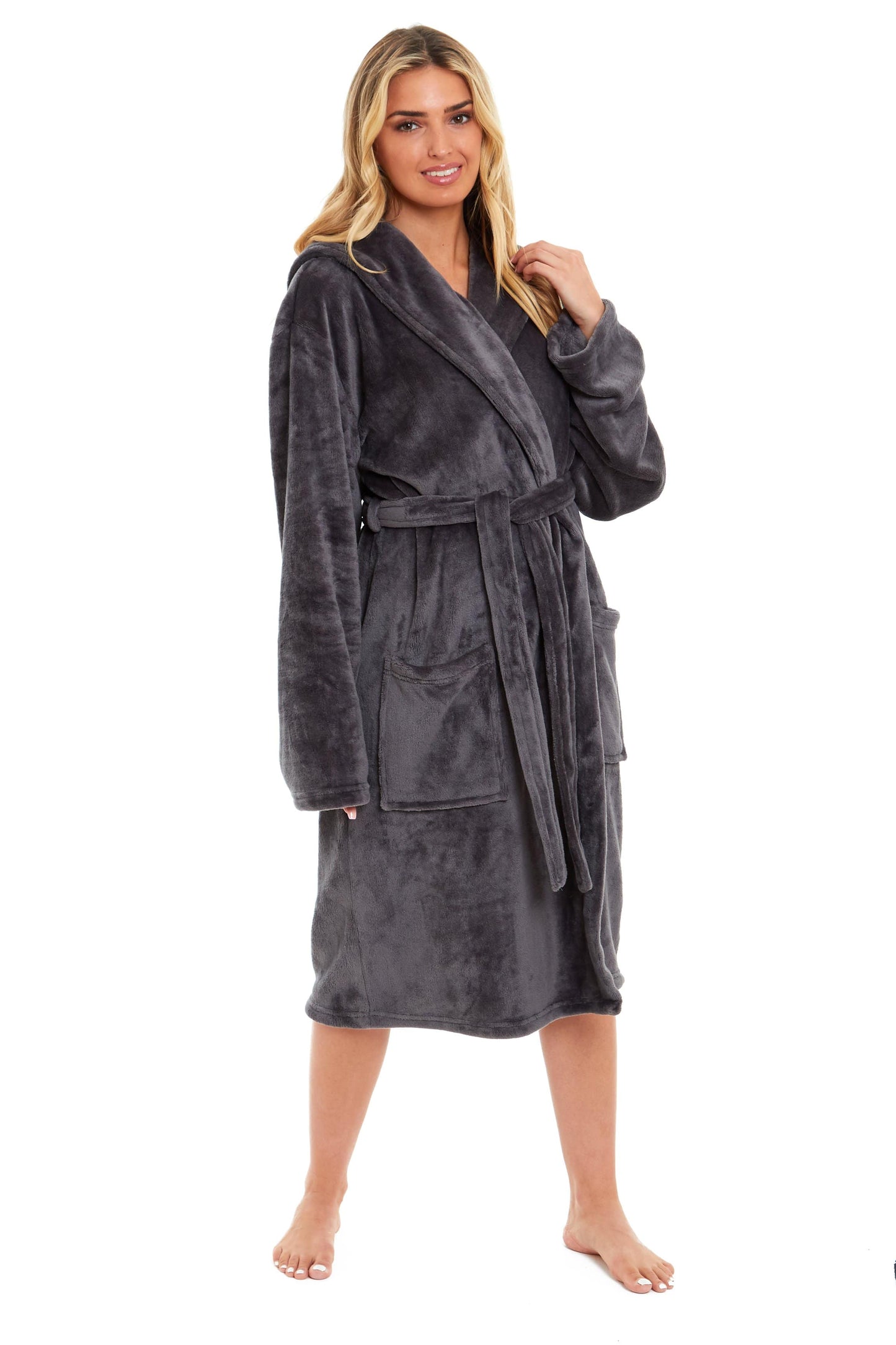 Women's Hooded Plush Fleece Dressing Gown | 100% Polyester | Ultra-Soft Velvet Bathrobe | Sizes UK 8–22