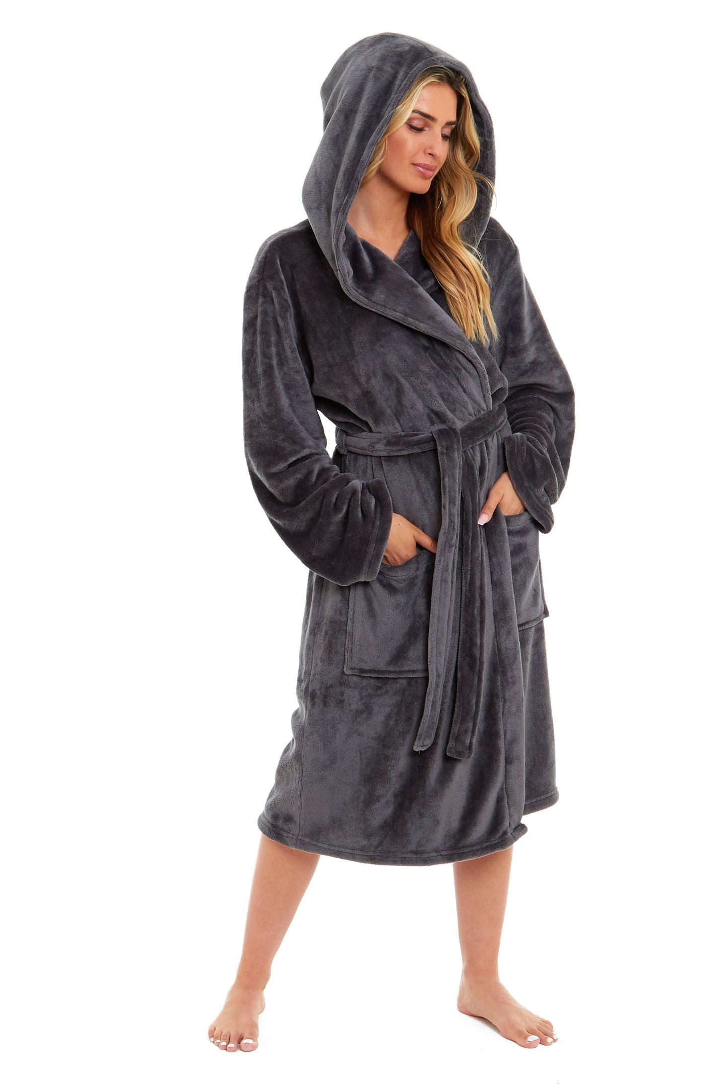 Women's Hooded Plush Fleece Dressing Gown | 100% Polyester | Ultra-Soft Velvet Bathrobe | Sizes UK 8–22