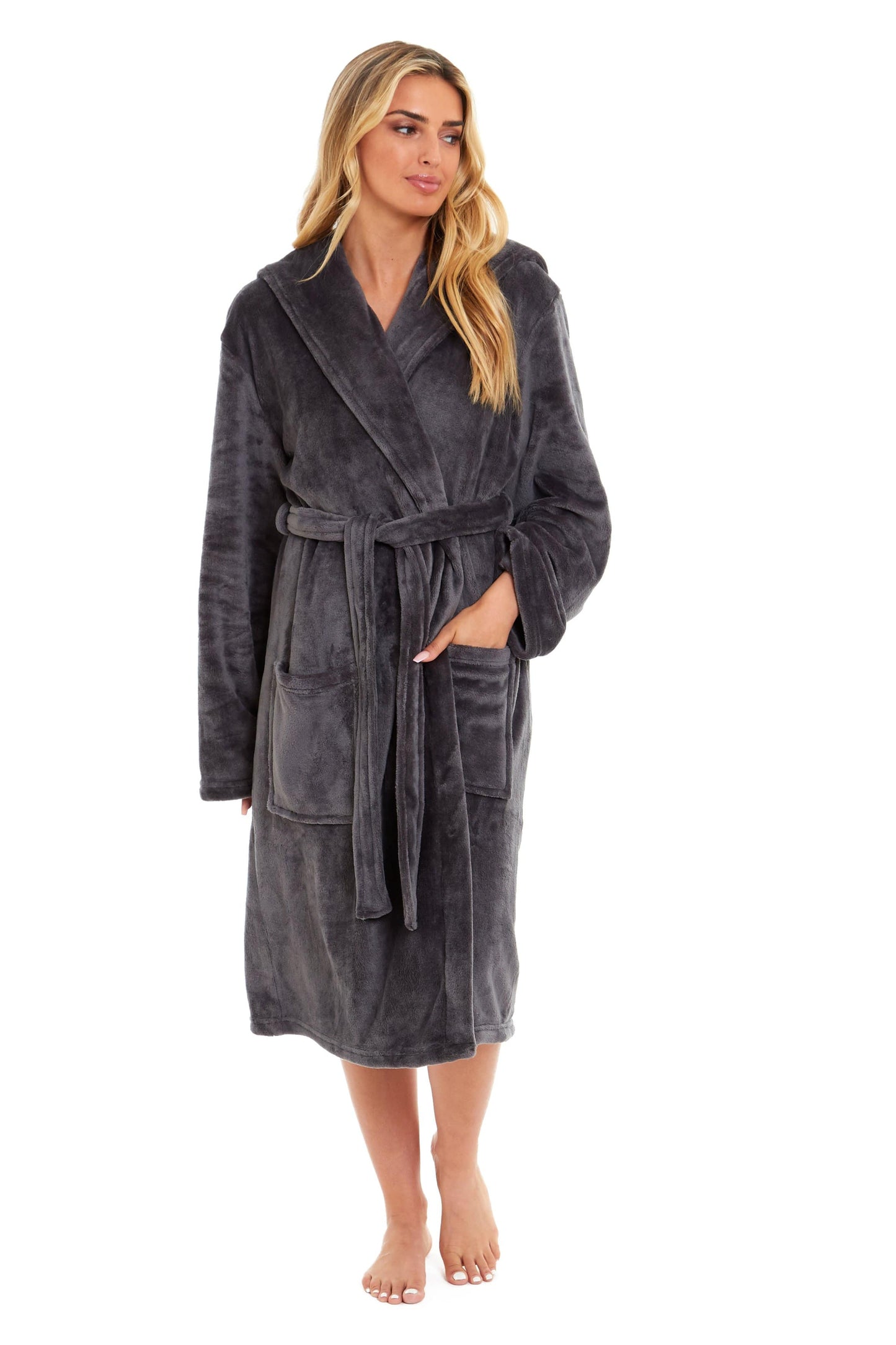 Women's Hooded Plush Fleece Dressing Gown | 100% Polyester | Ultra-Soft Velvet Bathrobe | Sizes UK 8–22