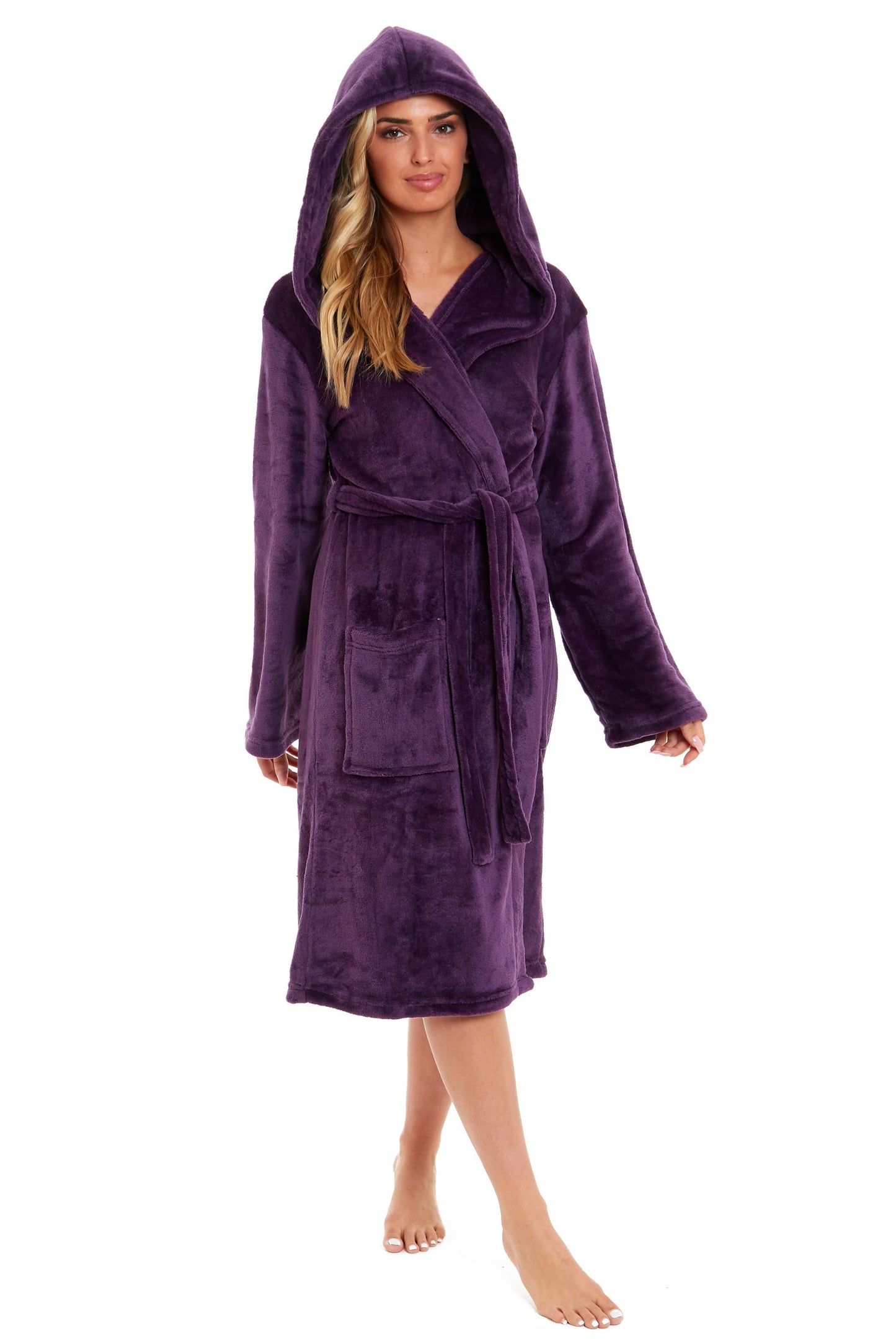 Women's Hooded Plush Fleece Dressing Gown | 100% Polyester | Ultra-Soft Velvet Bathrobe | Sizes UK 8–22