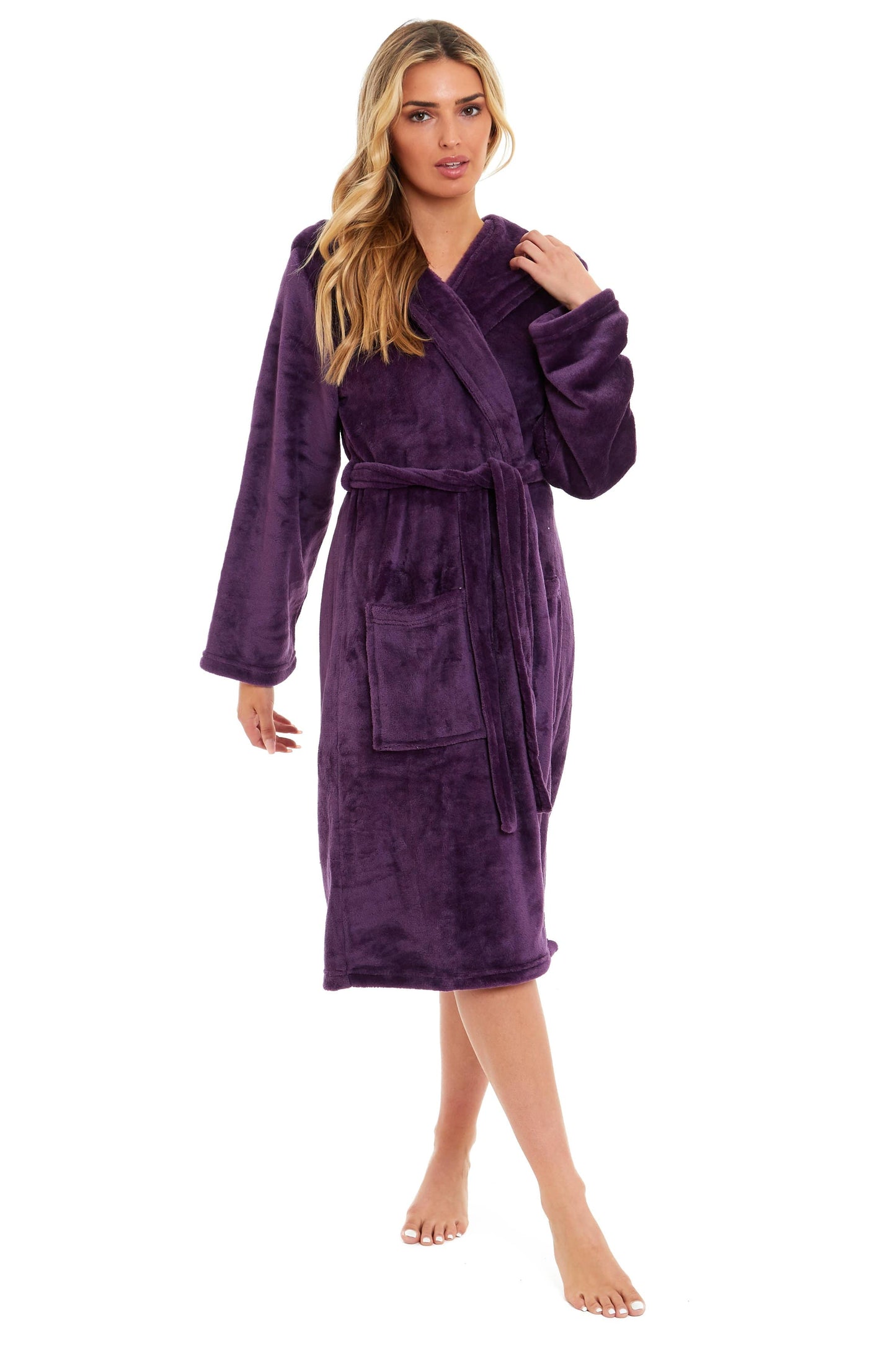 Women's Hooded Plush Fleece Dressing Gown | 100% Polyester | Ultra-Soft Velvet Bathrobe | Sizes UK 8–22