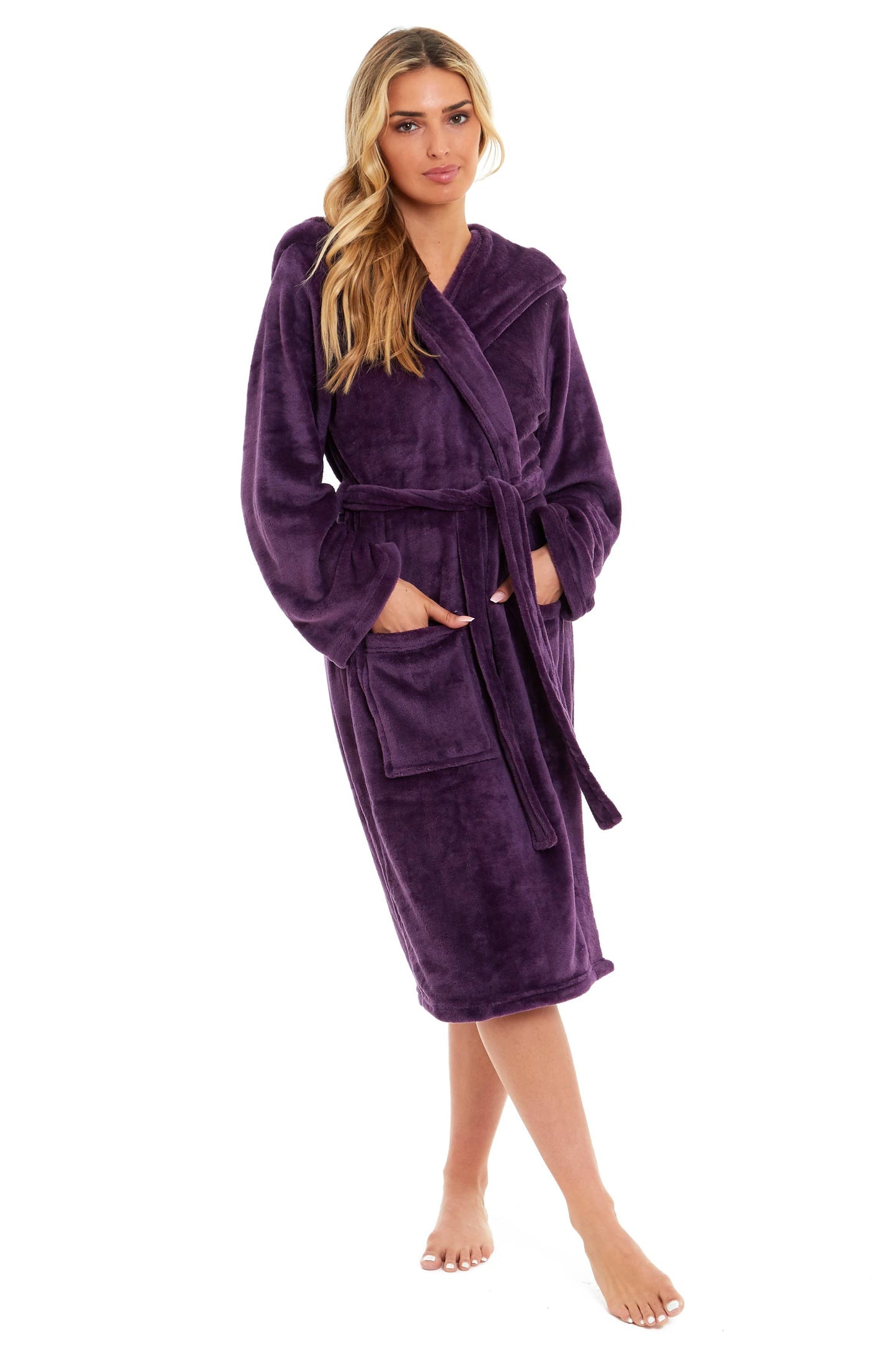 Women's Hooded Plush Fleece Dressing Gown | 100% Polyester | Ultra-Soft Velvet Bathrobe | Sizes UK 8–22