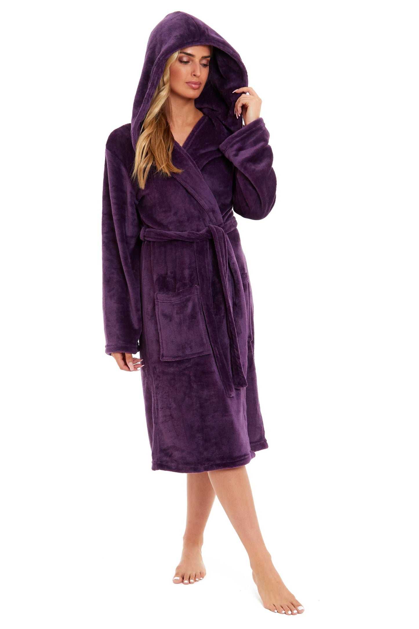 Women's Hooded Plush Fleece Dressing Gown | 100% Polyester | Ultra-Soft Velvet Bathrobe | Sizes UK 8–22
