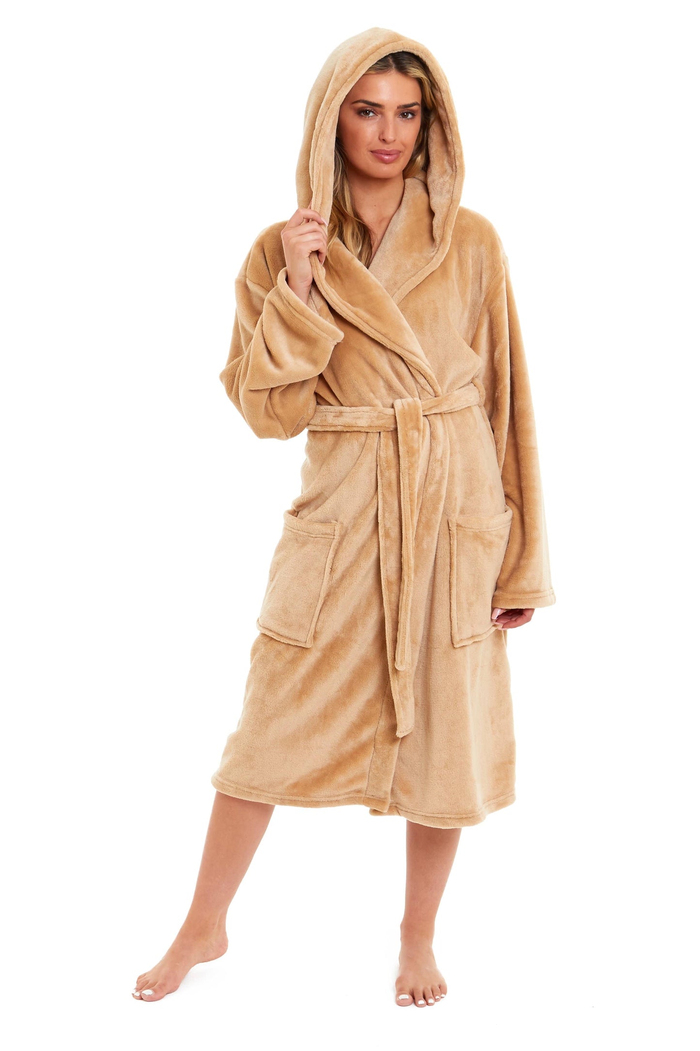 Women's Hooded Plush Fleece Dressing Gown | 100% Polyester | Ultra-Soft Velvet Bathrobe | Sizes UK 8–22