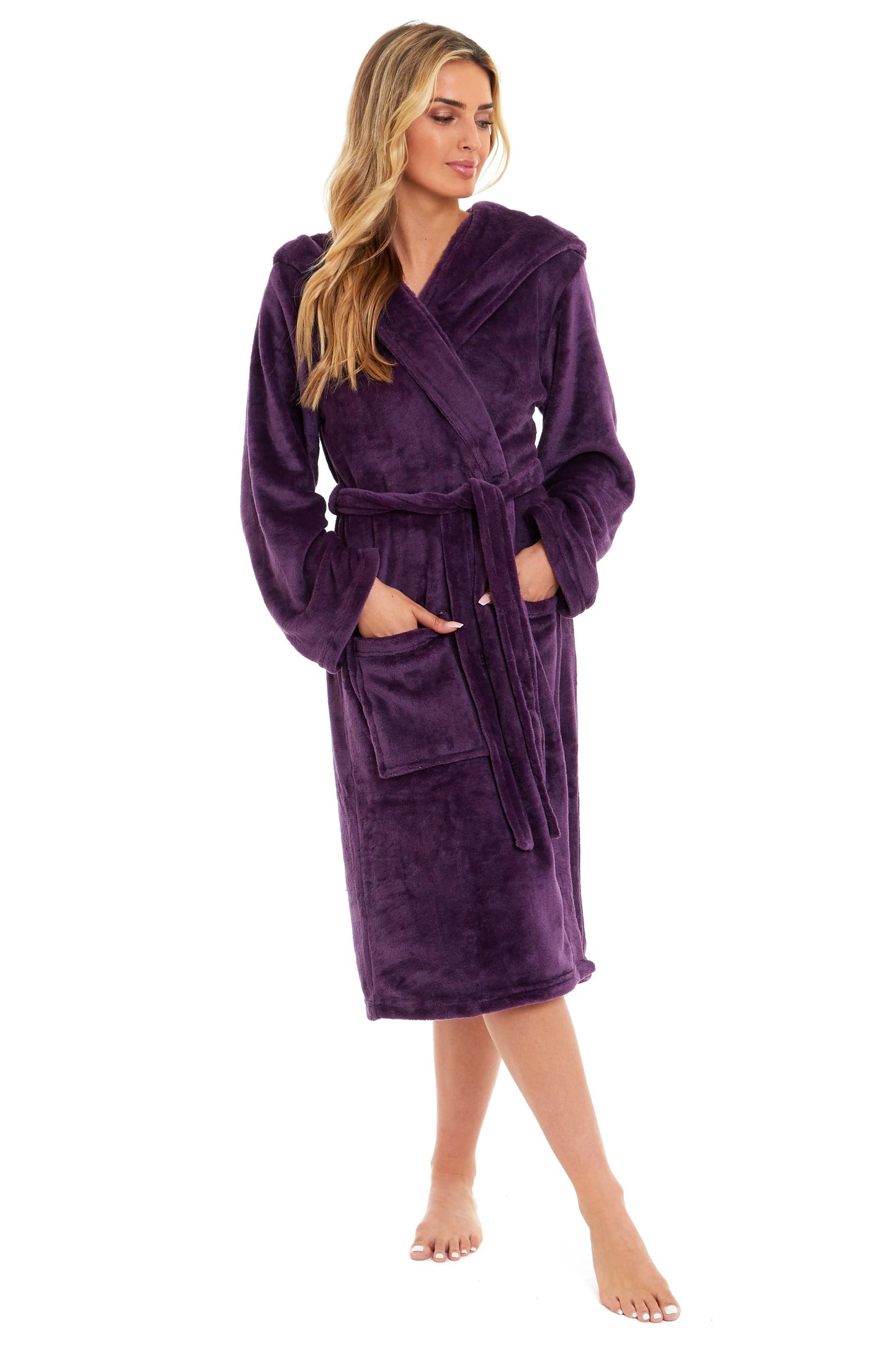 Women's Hooded Plush Fleece Dressing Gown | 100% Polyester | Ultra-Soft Velvet Bathrobe | Sizes UK 8–22