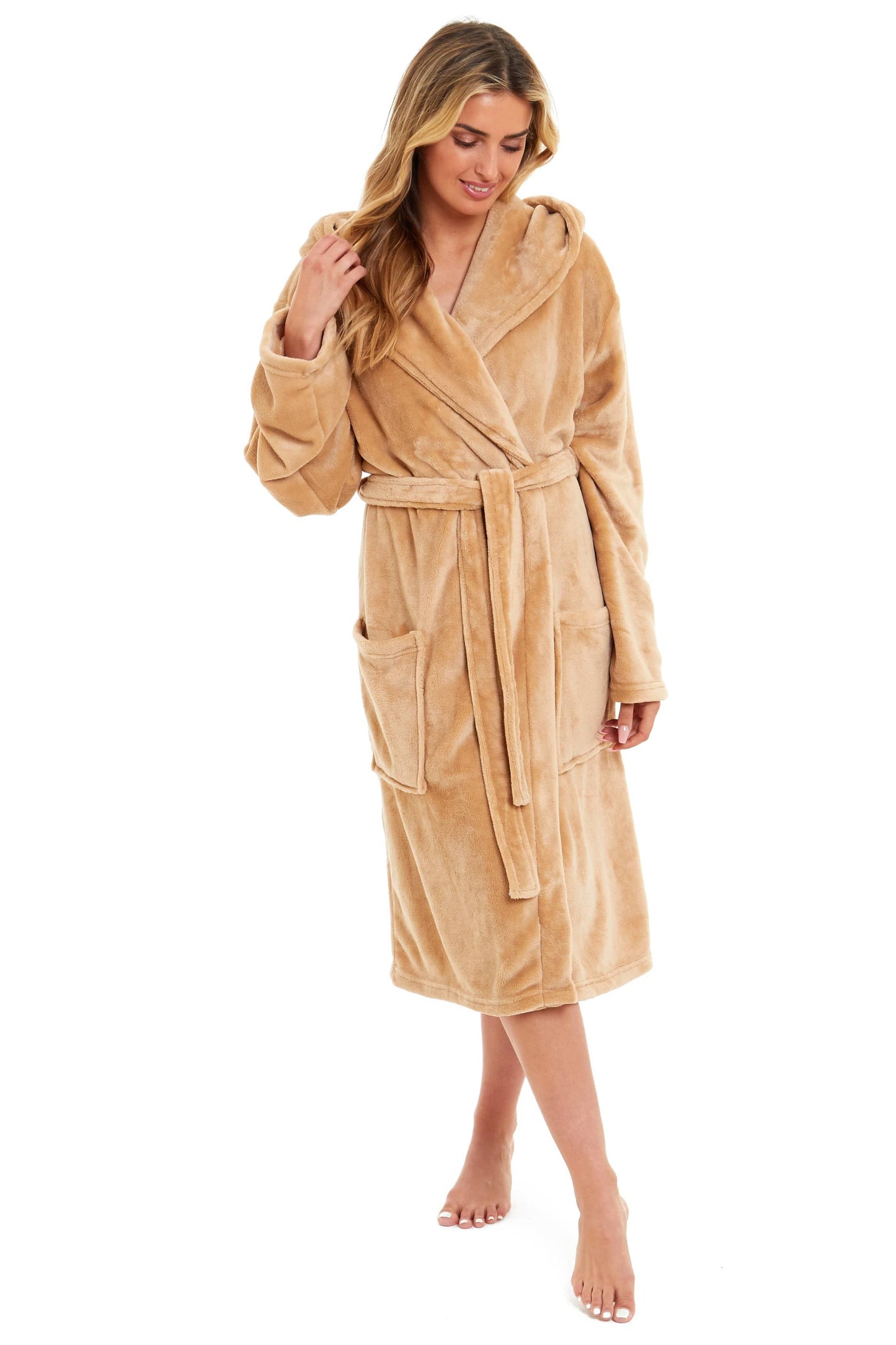 Women's Hooded Plush Fleece Dressing Gown | 100% Polyester | Ultra-Soft Velvet Bathrobe | Sizes UK 8–22