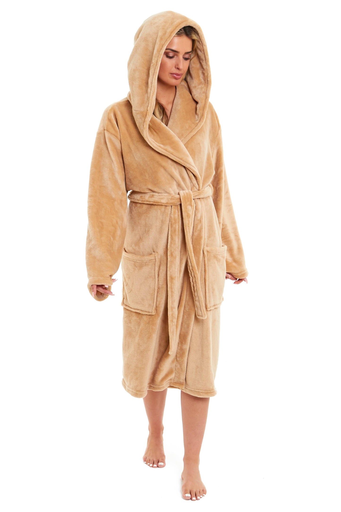 Women's Hooded Plush Fleece Dressing Gown | 100% Polyester | Ultra-Soft Velvet Bathrobe | Sizes UK 8–22