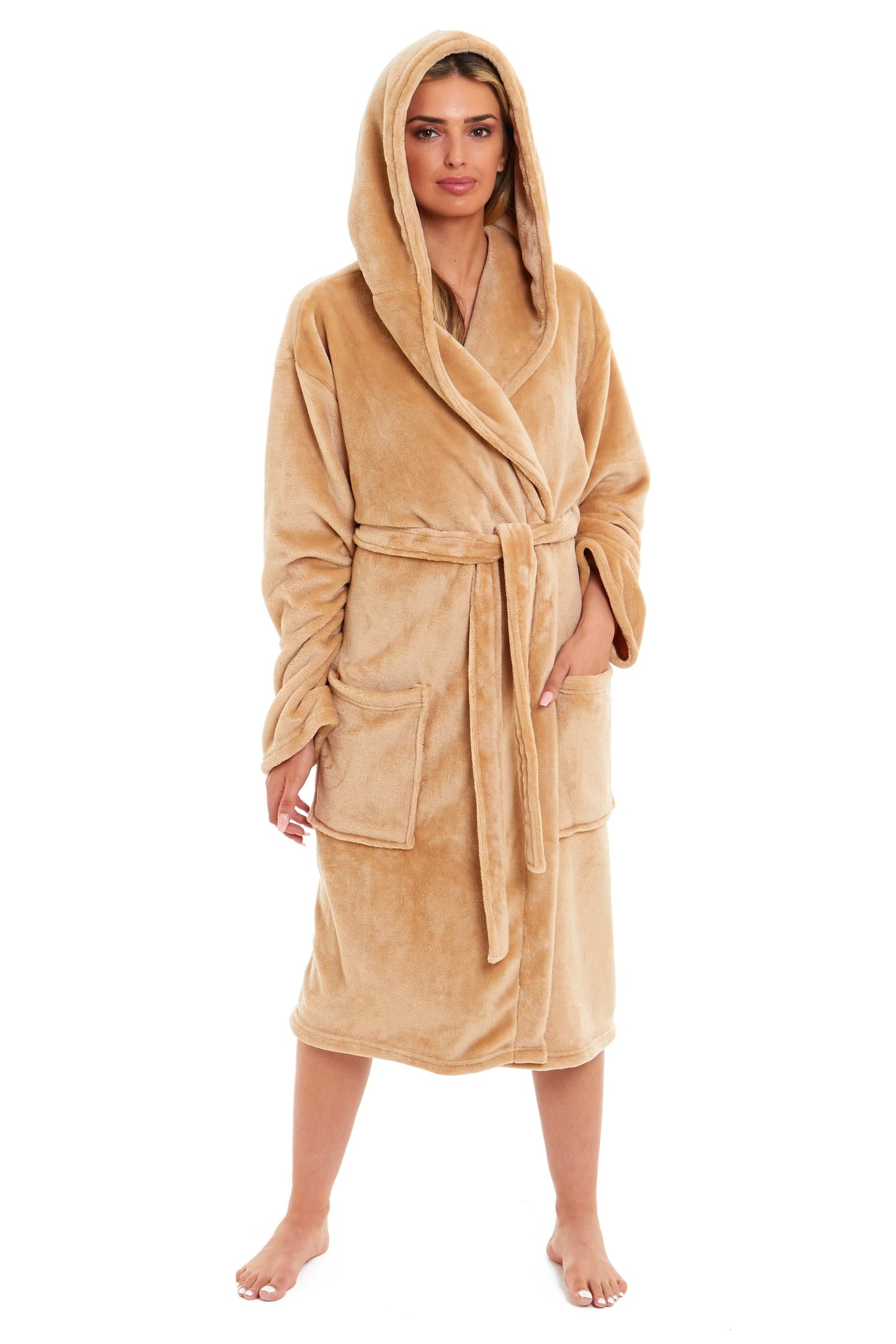 Women's Hooded Plush Fleece Dressing Gown | 100% Polyester | Ultra-Soft Velvet Bathrobe | Sizes UK 8–22