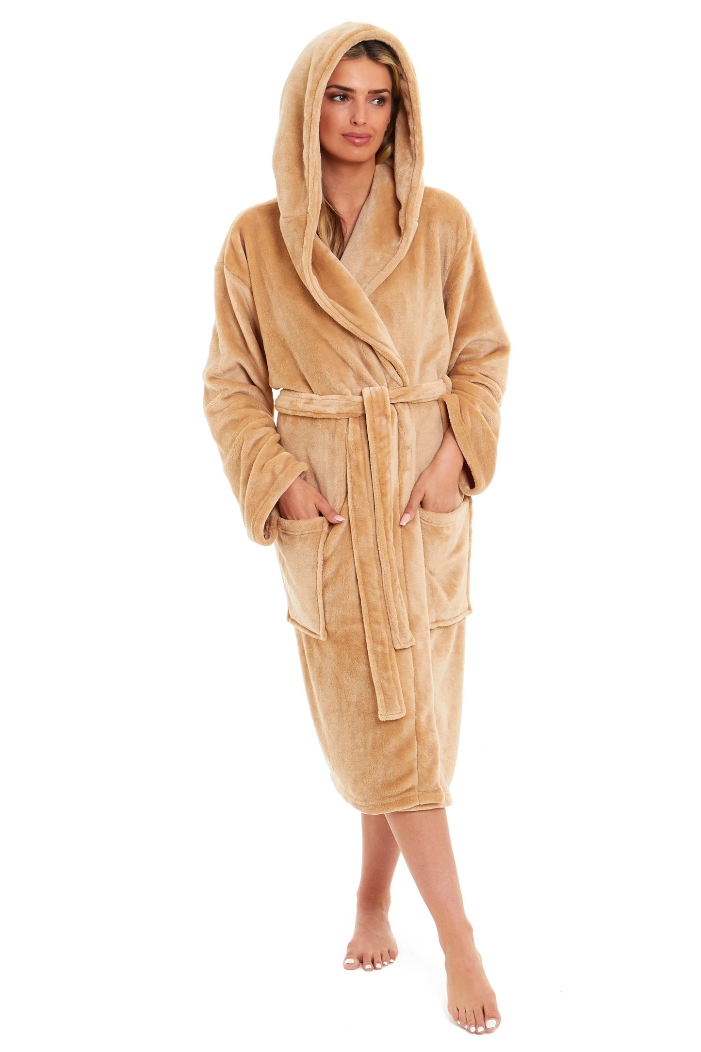 Women's Hooded Plush Fleece Dressing Gown | 100% Polyester | Ultra-Soft Velvet Bathrobe | Sizes UK 8–22